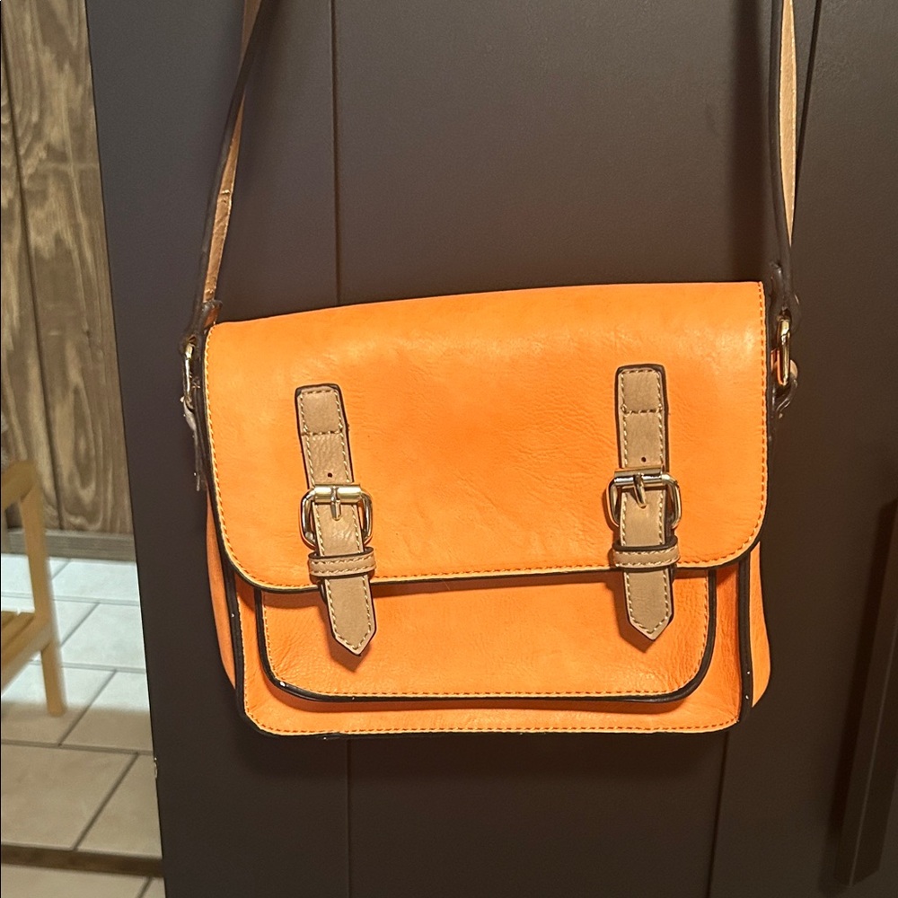 Orange Crossbody Bag with Buckle Accents